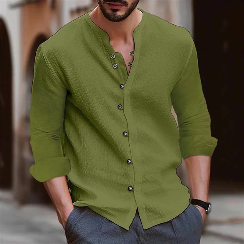 Men's shirts, stand-up collar shirts, fashionable and casual slim fit, solid color men's tops, outdoor shopping clothing S-3XL