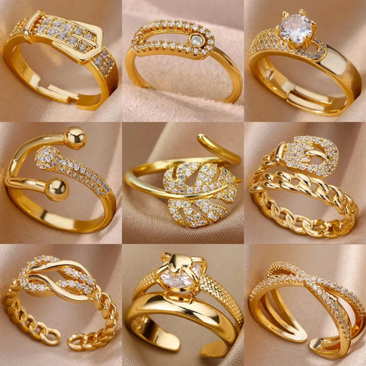 Gold Plated Stainless Steel Crystal Rings For Women Chain Geometry Zircon Finger Ring Jewelry Gift anillos mujer 2025 New Trendy
