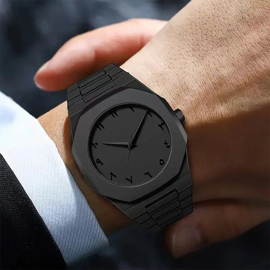 Montre homme tendance, neuve et élégante, noire, à quartz, affichage numérique arabe, bracelet effet huile.
