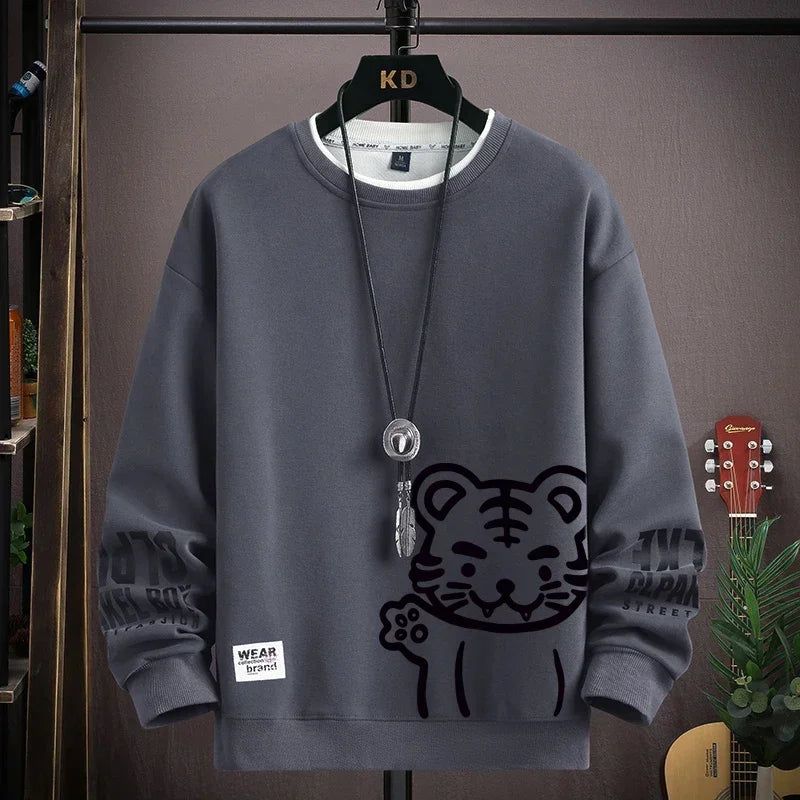 Japan Cartoon Men's Sweatshirt Hoodies Autumn Tiger Printed Long Sleeve T-shirt Fashion Men's Clothing Khaki O Neck Harajuku Top