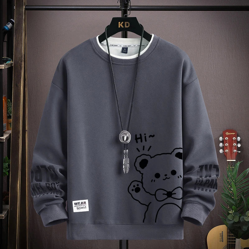 Japan Cartoon Men's Sweatshirt Hoodies Autumn Tiger Printed Long Sleeve T-shirt Fashion Men's Clothing Khaki O Neck Harajuku Top