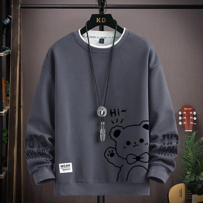 Japan Cartoon Men's Sweatshirt Hoodies Autumn Tiger Printed Long Sleeve T-shirt Fashion Men's Clothing Khaki O Neck Harajuku Top