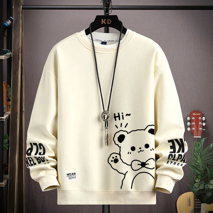 Japan Cartoon Men's Sweatshirt Hoodies Autumn Tiger Printed Long Sleeve T-shirt Fashion Men's Clothing Khaki O Neck Harajuku Top