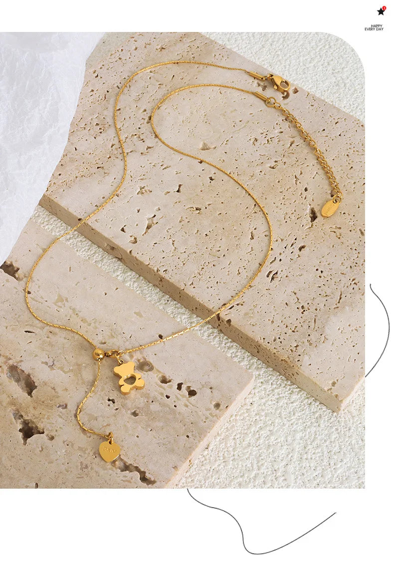 Hollow Bear Pendant Adjustable Necklace For Women 316L Stainless Steel Gold Plated Waterproof Women's Necklaces Girls Neck Chain