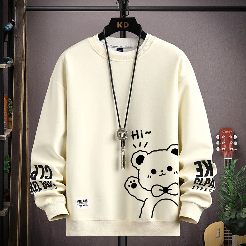 Japan Cartoon Men's Sweatshirt Hoodies Autumn Tiger Printed Long Sleeve T-shirt Fashion Men's Clothing Khaki O Neck Harajuku Top