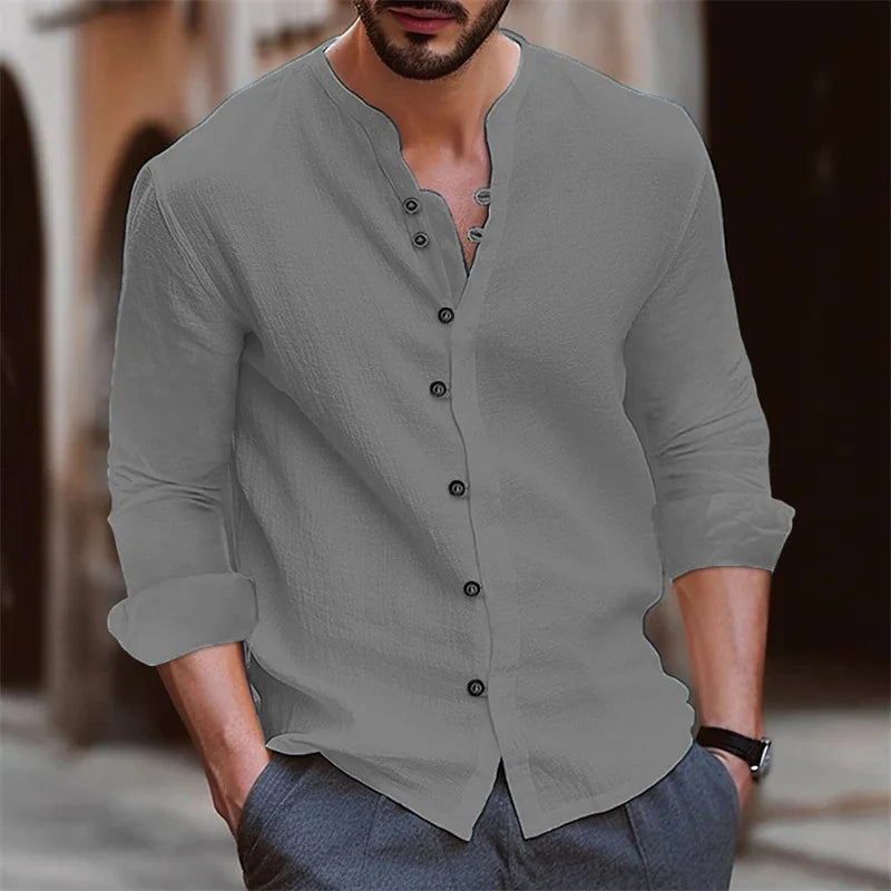 Men's shirts, stand-up collar shirts, fashionable and casual slim fit, solid color men's tops, outdoor shopping clothing S-3XL
