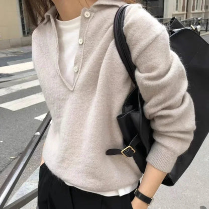 2025 Autumn/Winter New Women's Sweater 100% Wool Women's Knitted Hoodie Solid Color Casual Women's Top