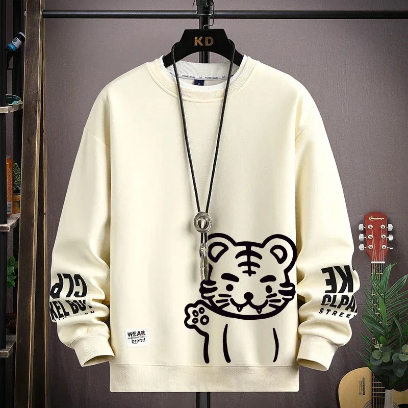 Japan Cartoon Men's Sweatshirt Hoodies Autumn Tiger Printed Long Sleeve T-shirt Fashion Men's Clothing Khaki O Neck Harajuku Top