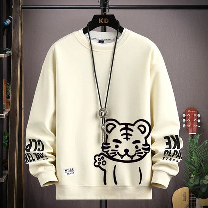 Japan Cartoon Men's Sweatshirt Hoodies Autumn Tiger Printed Long Sleeve T-shirt Fashion Men's Clothing Khaki O Neck Harajuku Top