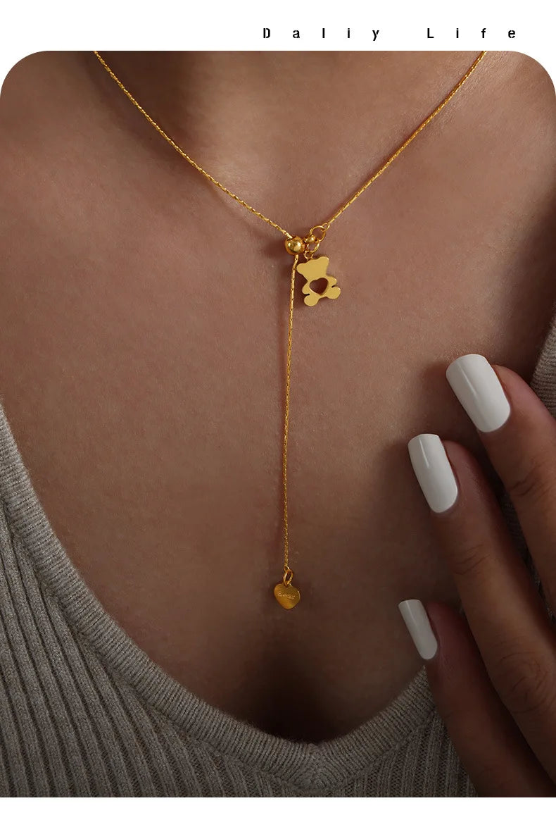 Hollow Bear Pendant Adjustable Necklace For Women 316L Stainless Steel Gold Plated Waterproof Women's Necklaces Girls Neck Chain