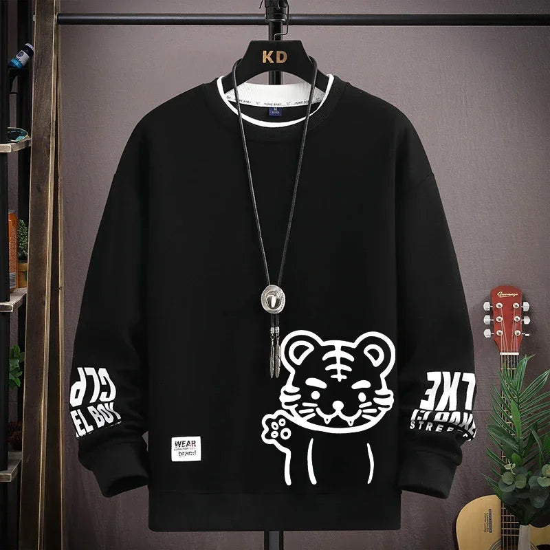 Japan Cartoon Men's Sweatshirt Hoodies Autumn Tiger Printed Long Sleeve T-shirt Fashion Men's Clothing Khaki O Neck Harajuku Top