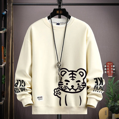 Japan Cartoon Men's Sweatshirt Hoodies Autumn Tiger Printed Long Sleeve T-shirt Fashion Men's Clothing Khaki O Neck Harajuku Top