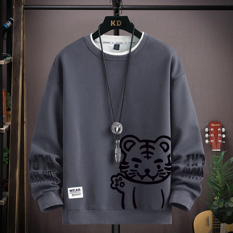 Japan Cartoon Men's Sweatshirt Hoodies Autumn Tiger Printed Long Sleeve T-shirt Fashion Men's Clothing Khaki O Neck Harajuku Top