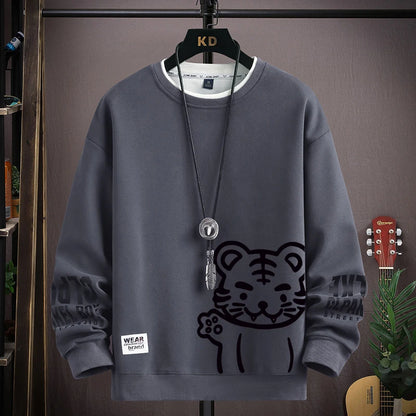 Japan Cartoon Men's Sweatshirt Hoodies Autumn Tiger Printed Long Sleeve T-shirt Fashion Men's Clothing Khaki O Neck Harajuku Top