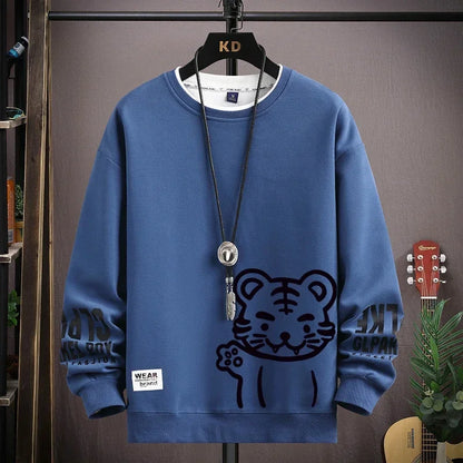 Japan Cartoon Men's Sweatshirt Hoodies Autumn Tiger Printed Long Sleeve T-shirt Fashion Men's Clothing Khaki O Neck Harajuku Top