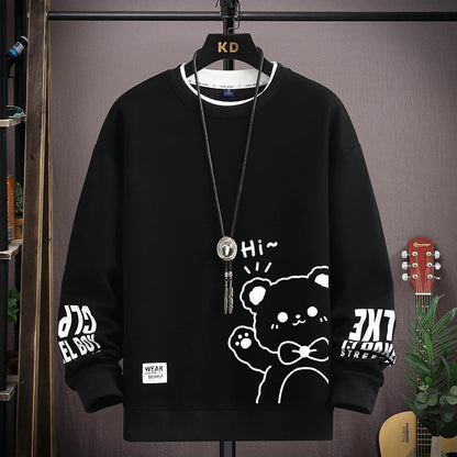 Japan Cartoon Men's Sweatshirt Hoodies Autumn Tiger Printed Long Sleeve T-shirt Fashion Men's Clothing Khaki O Neck Harajuku Top